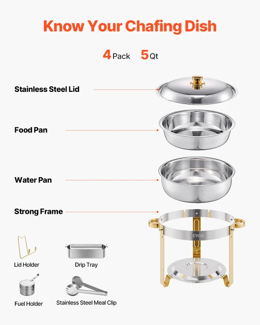 VEVOR Scaldavivande per Buffet con 4 Padelle, Distributore di Calore Rotondo per Ristorazione con Coperchio, Porta Carburante e Vaschetta per l'Acqua per Matrimoni, Feste, Dorato 4,7 L 6