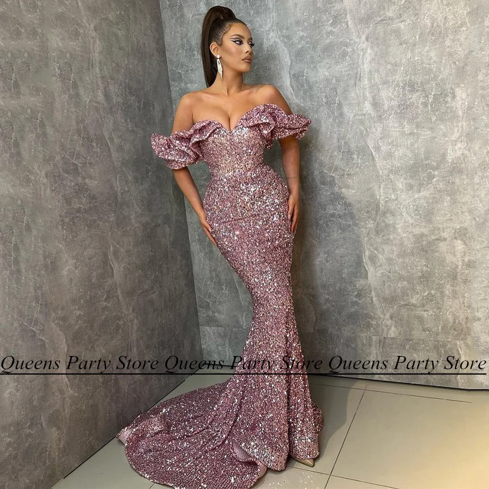 

Weilinsha Off The Shoulder Mermaid Evening Gown V Neck Glitter Sequin Sweep Train Backless Celebrity Party Dresses Prom Dress