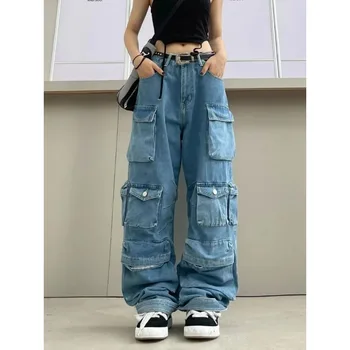 Multi-Pocket Blue Washed Jeans Cargo Pants Y2k Retro Streetwear Fashion High Waist Jeans Couple Harajuku Casual Wide Leg Pants