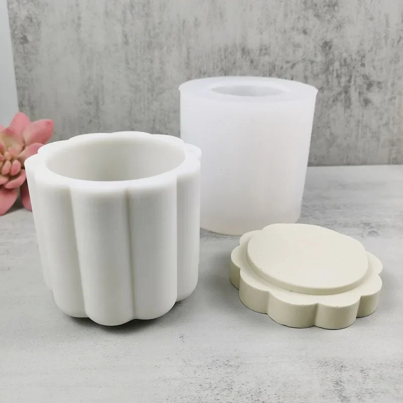 

Candle Jar Mold with Lid DIY Cement Plaster Epoxy Resin Cylinder Flower Shape Silicone Mould Molds for Epoxy Resin
