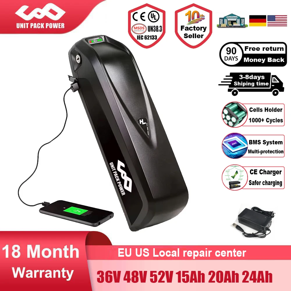 Batterie originale 21700 pour vélo électrique 48V, 36V, 52V, 24ah, 20ah, 19,2 ah, 14,4 ah, Polly Hailong 18650, moteur 250W, 350W, 500W, 750W, 1000W, 1500W