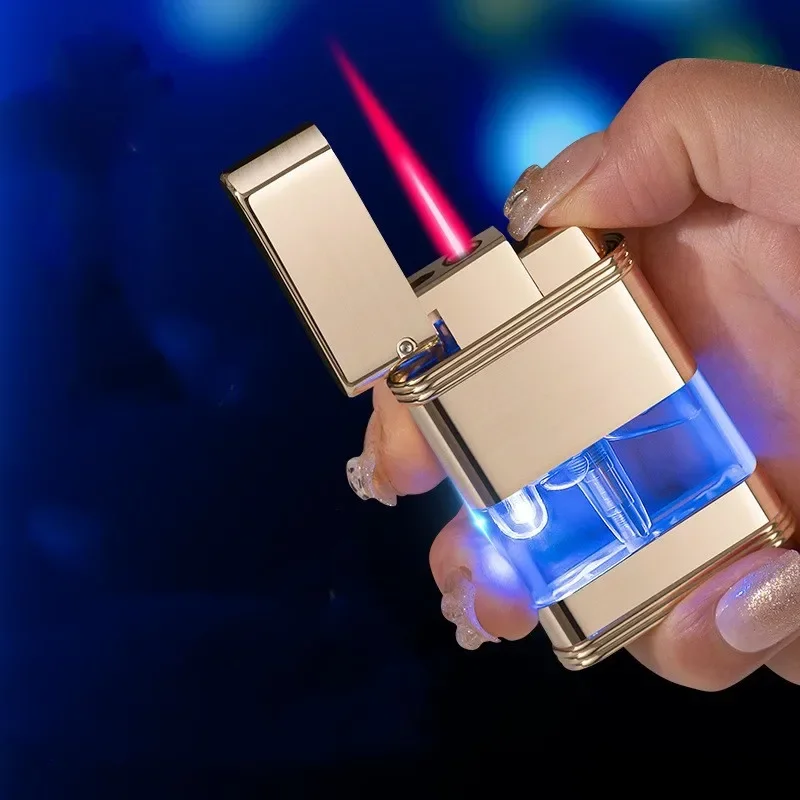 

Metal Windproof Turbo Torch Transparent Visible Large Capacity Gas Box and Blue Light Butane Inflatable Lighter Men's Gadget
