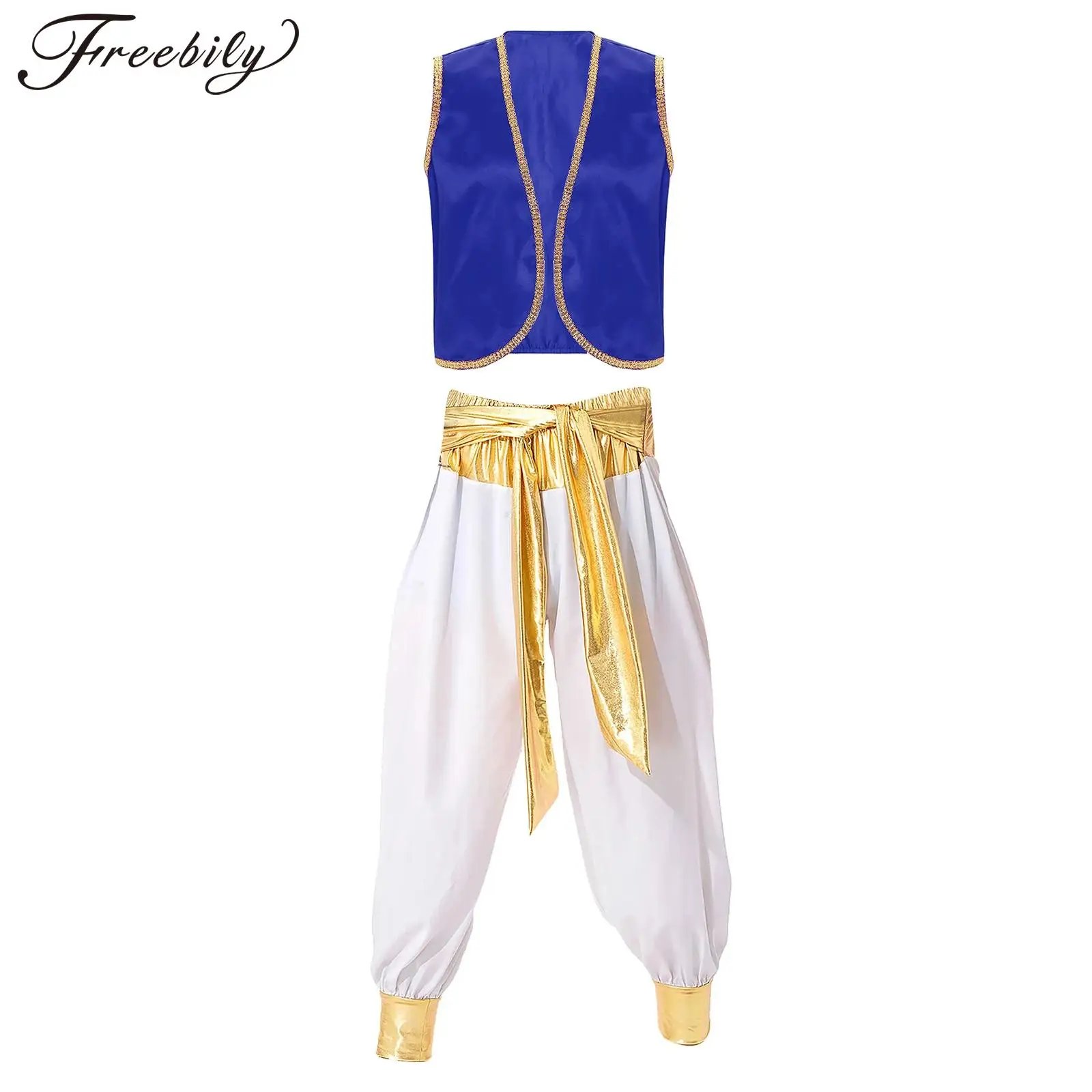 

Mens Arabian Prince Cosplay Costume Set Sleeveless Open Front Vest Waistcoat with Pants for Halloween Carnival Party Role Play