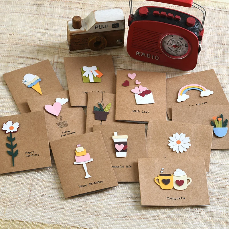 10pcs/bag Retro Mini Kraft Paper 3D Sticker Birthday Card, Blessing Card, Lover Thank You Card