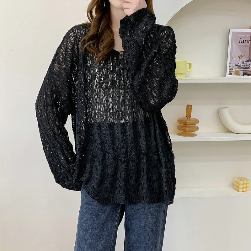 New Autumn Women's Clothing Hollow Round Neck Women's Long-sleeved Solid Color Top Casual Sweater Loose Jumper Knitwear