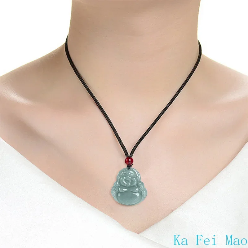 Natural A-grade Jade Blue Water Medium Guanyin Buddha Statue Pendant Necklace pendant necklace For Men's Gifts Women's Ice Jadeite Charms Jewelry