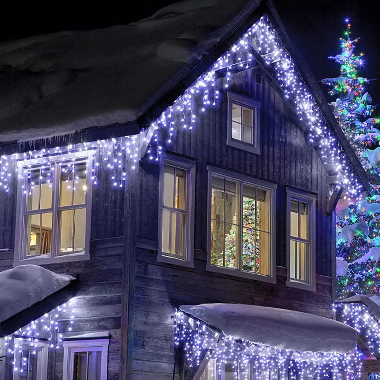 thumbnail image 1 of Guirnalda de luces LED de 4 m y 20 m con forma de carámbano para la calle, 8 modos de iluminación para Navidad en casa, decoración para Año Nuevo, 1 of 5