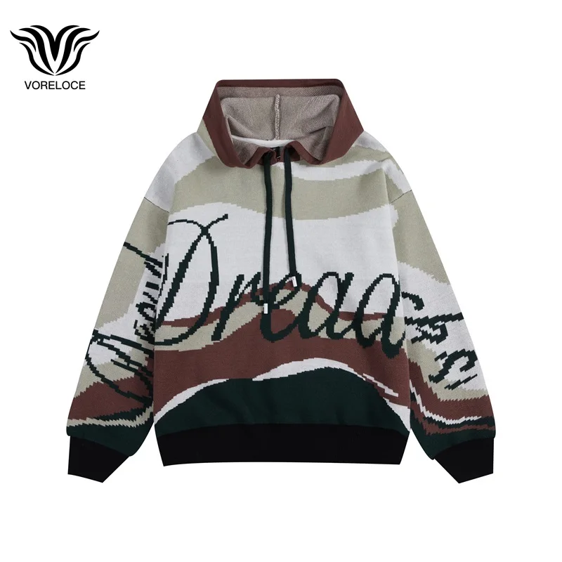 

Creative Pattern Colorblock Jacquard Lazy Wind Men's and Women's Casual Loose Hooded Sweater Autumn Brand Japanese Pullover