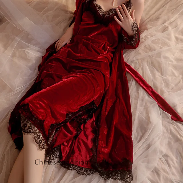 104866-7b653b.jpg Ensemble de vêtements de détente en velours pour femmes, robe de peignoir en dentelle, robe longue, chemise de nuit sexy, vêtements de nuit éducatifs, automne et hiver