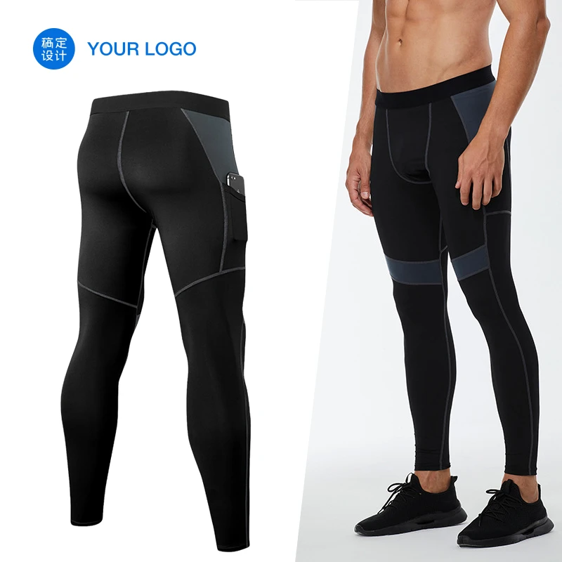 Men Patchwork Compression Running Tights Trousers Phone Pocket Elastic Leggings Fitness Gym Bodybuilding Long Pants