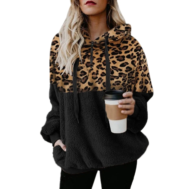 Autumn Winter Contrast Color Leopard Print Long Sweater Retro Pocket Sweater Women Coat main image 1