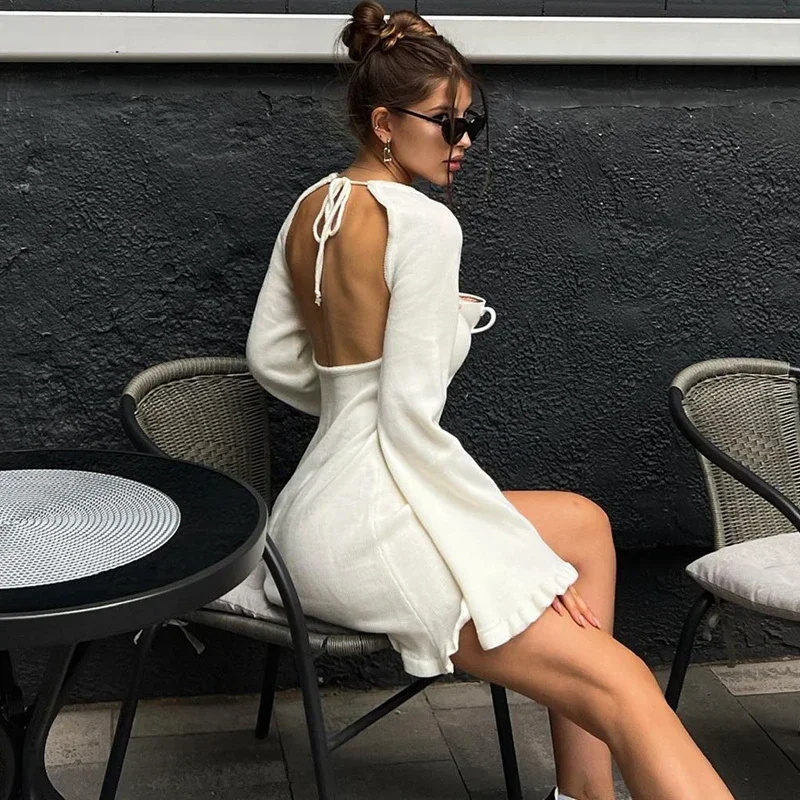 

Backless Sexy Mini Dress Long Sleeve Ruffle Knitted Dress Women Autumn Summer Short Beach Dress Clubwear