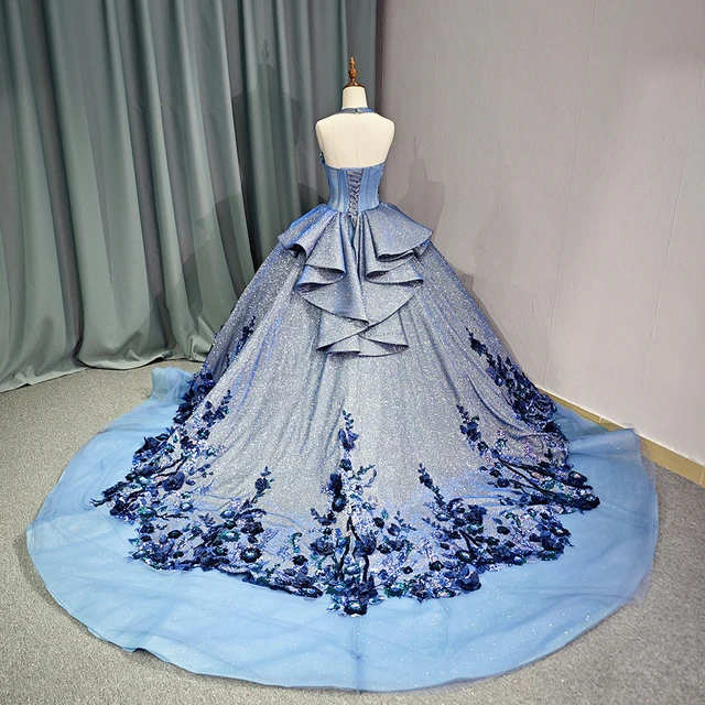 2024 Blue Quinceanera Dresses for Sweet 15 Year Sexy Halter Puffy Ball Gown Lace Appliques Princess Gowns vestido de quinceañera 6739 2