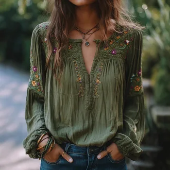 Vintage Floral Printed Women's Blouse Top Long Sleeve Chic Ethnic Spring Fashion Loose Round V-Cut Neck Casual Retro Blouse Tops 1