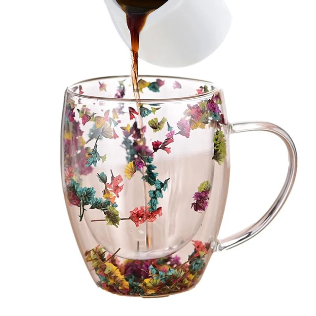 Double Wall Glass Coffee Mugs - Dried Flowers Insulated Glass
