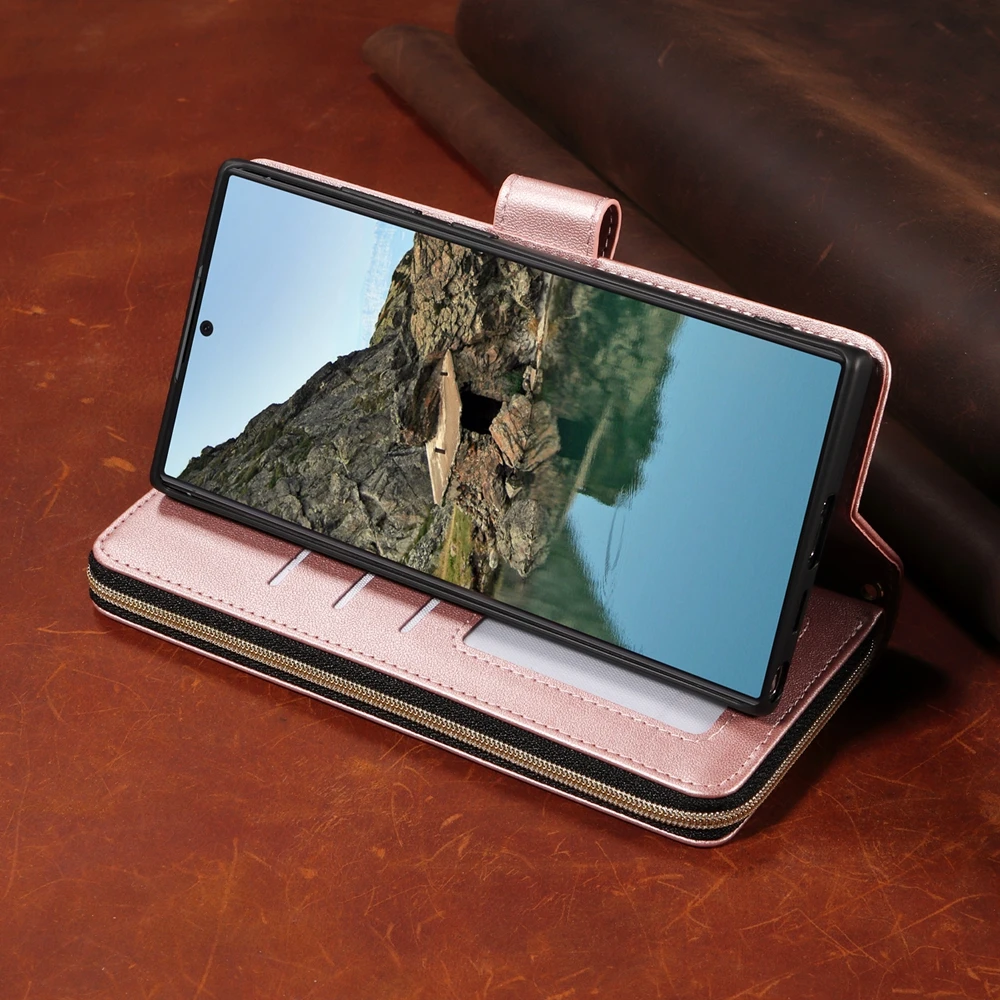 Zipper Wallet Leather Flip Case with Kickstand and Lanyard Phone Cover