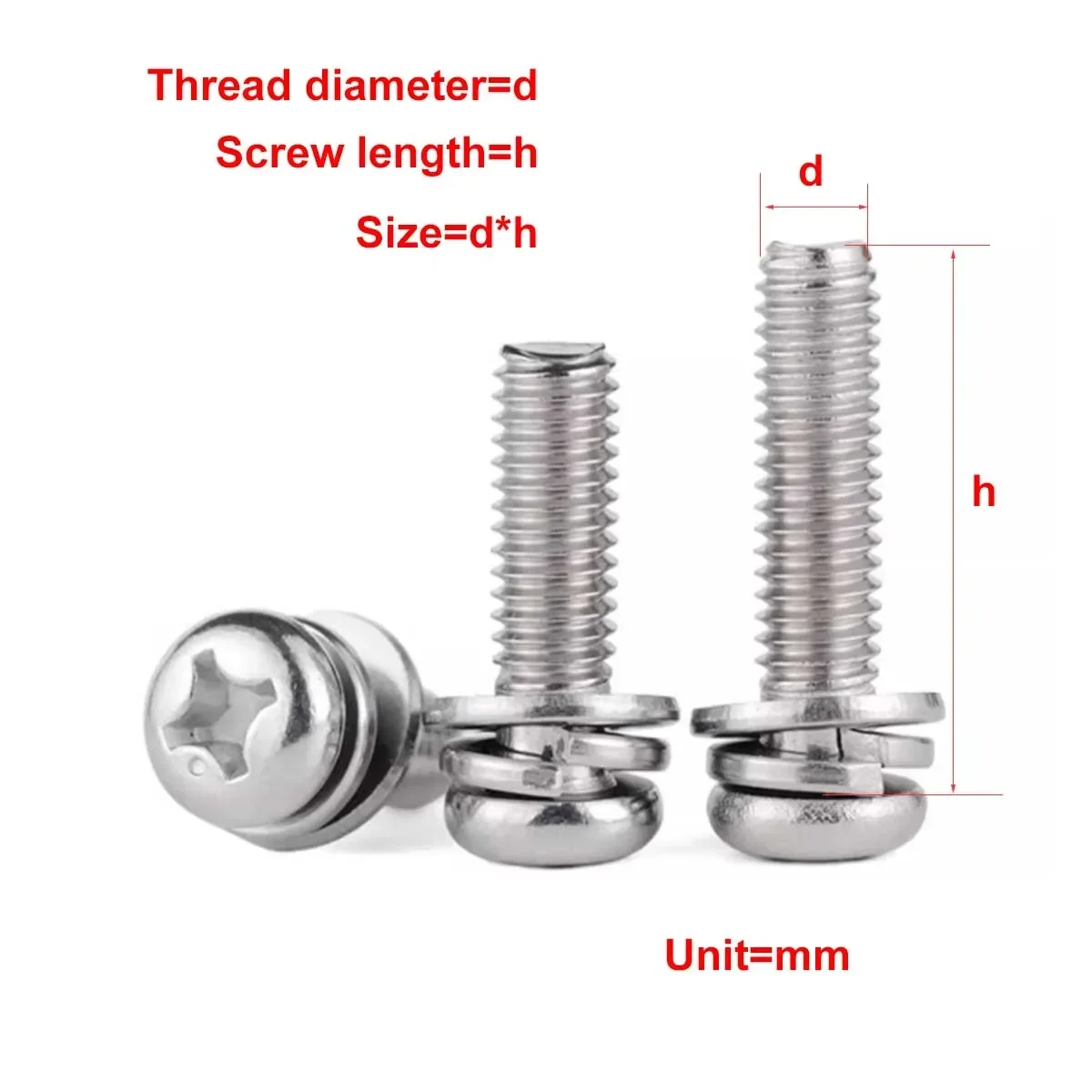 304 Stainless Steel Round Head Triple Combination Screw, Cross Pan Head With Gasket Combination Bolt