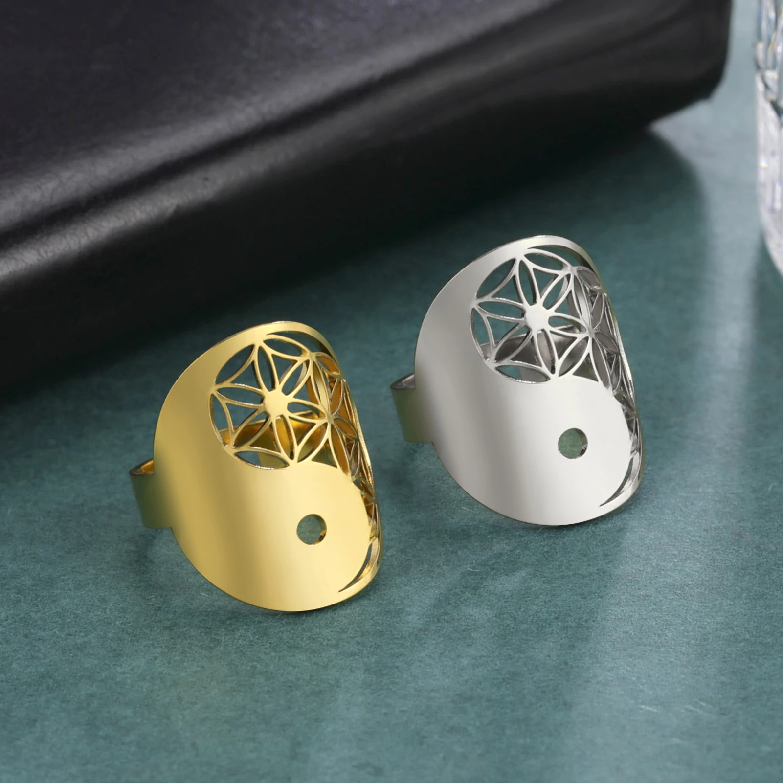 Dawapara Yin-Yang-Symbol, Blume des Lebens, Edelstahlring, verstellbare Fingerringe, spirituelles Energie-Amulett, religiöses Geschenk – Detail 8