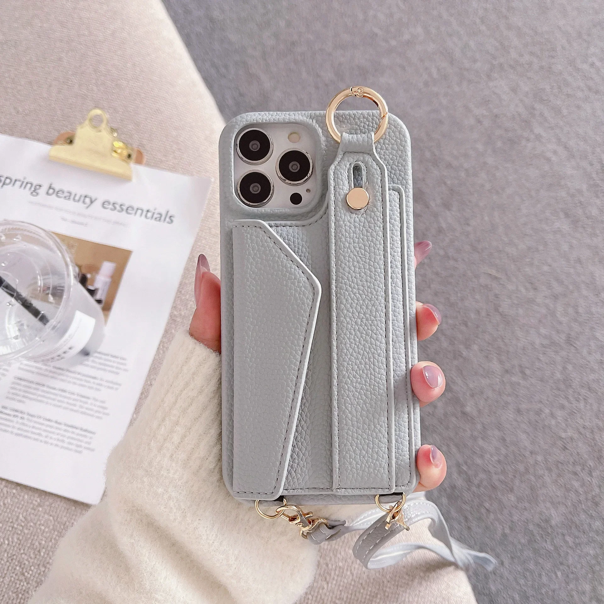 Luxurious Leather Crossbody Wristlet Phone Case with Card Slot and Lanyard