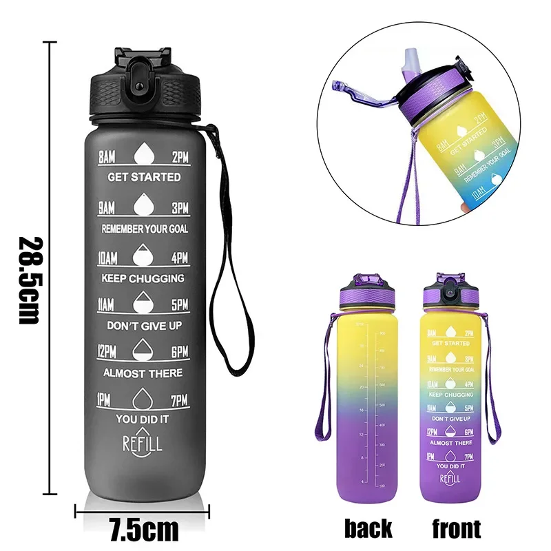 Description Picture 5 of item1 Liter Water Bottle Gradual Color Sport Water Bottle Leakproof Drinking Gourd Outdoor Travel Gym Jugs Camping Kitchen Equipment
