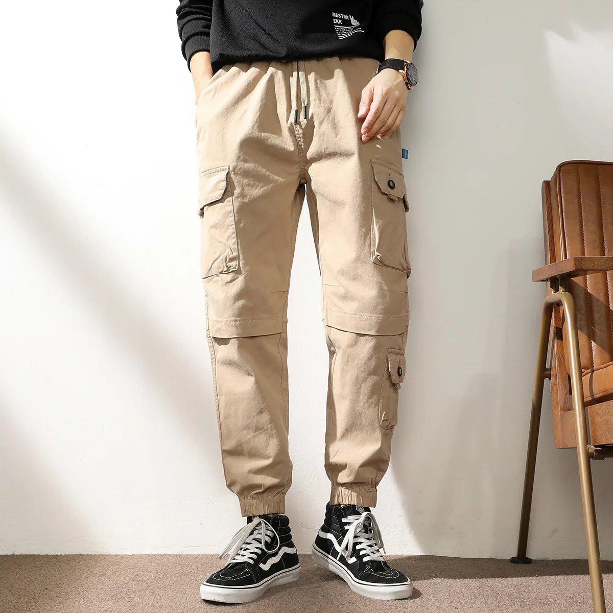 Elmsk Workwear pants for young men on the street, Harajuku trendy brand loose casual leggings with multiple pockets, elastic lar