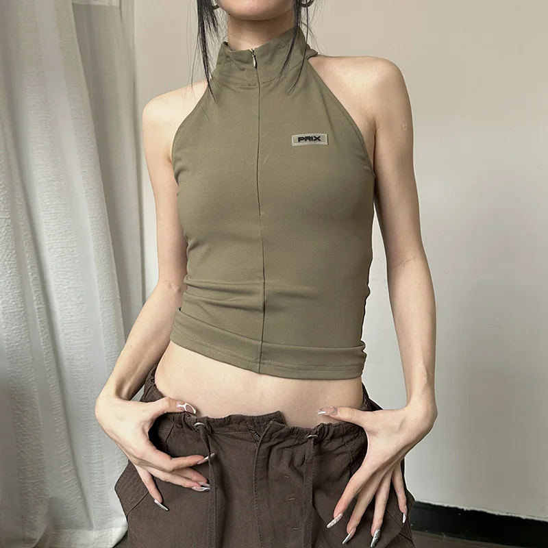 

Instagram Fashion Solid Color Half High Neck Sleeveless Top 2024 Summer New Spicy Girl Sports Style Open Navel Tank Top