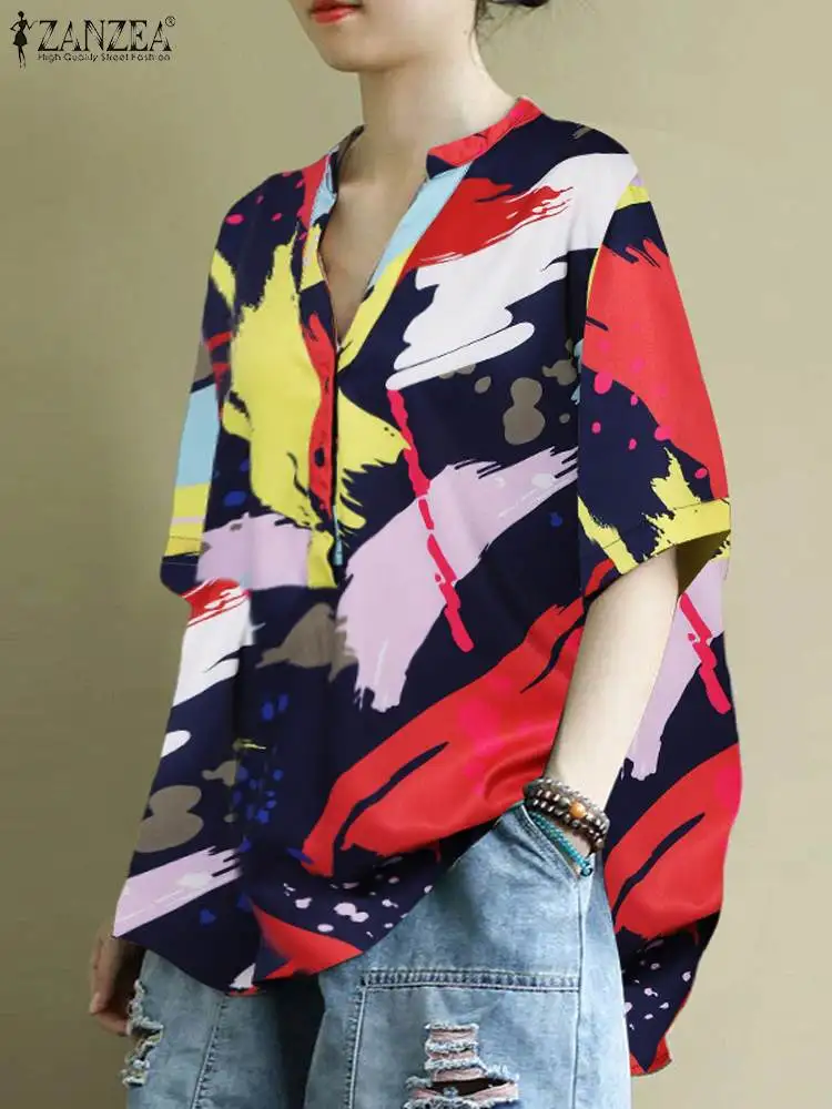 

Блузка ZANZEA женская с V-образным вырезом и принтом, Повседневная Свободная рубашка с коротким рукавом, цветная праздничная одежда оверсайз, на пуговицах, лето 2024
