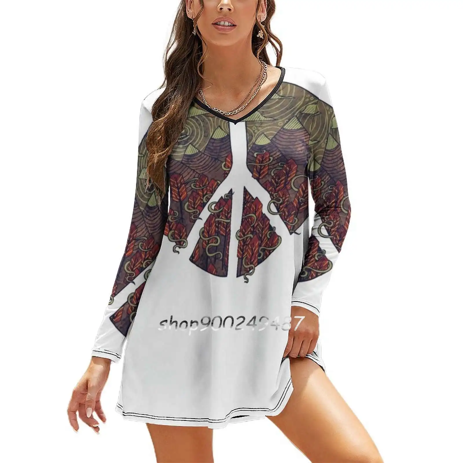 Peaceful Landscape Women Spring Autumn Long Sleeve Dress Female Casual Dress Mountain Clouds Sun Sky Trees Forest Woods Mist