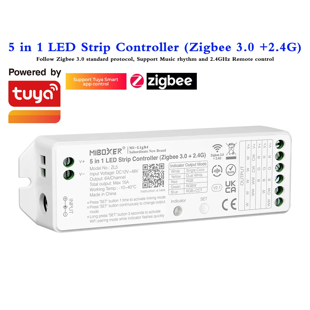 5 in 1 LED Strip Controller Zigbee 3.0 Support Music Rhythm And 2.4GHz Remote Control Tuya WiFi APP DC12V 24V 48V android 9 0 tv box allwinnerh6 quad core 6k hd multiple language media player support 2 4ghz wifi