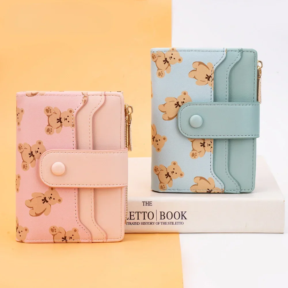 Women Short Wallets PU Leather Female Bifold Purses Cute Bear Card Holder Wallet for Girl Small Zipper Wallet with Coin Purse 3