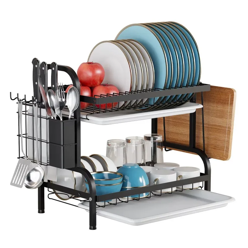 2-Tier Compact Dish Drainer Rack Rust-Proof Kitchen Dish Storage Organizer with Utensil Tray Cup Holder Knife Storage Block