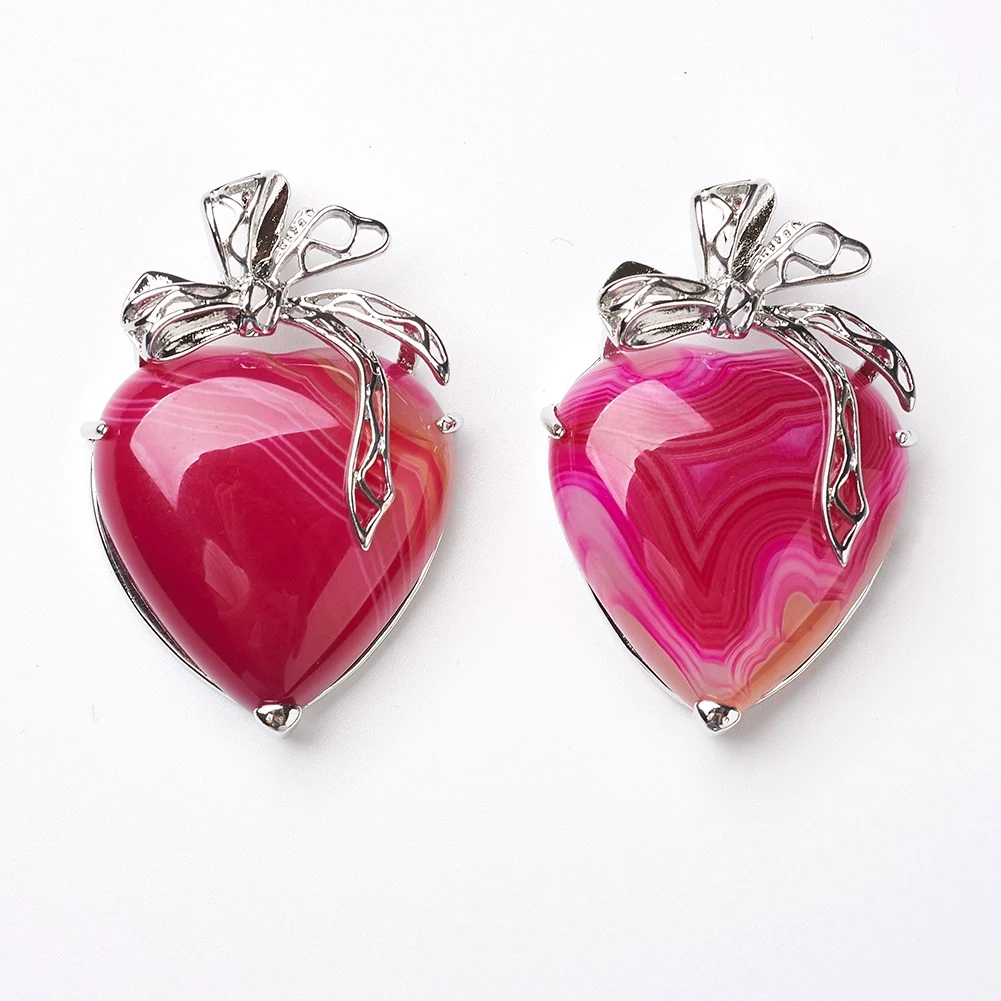 5pcs Assorted Heart Synthetic & Natural Agates Tiger Eye Rose Quartzs Stone Charms Pendants for DIY Jewelry Making 46x32x10mm