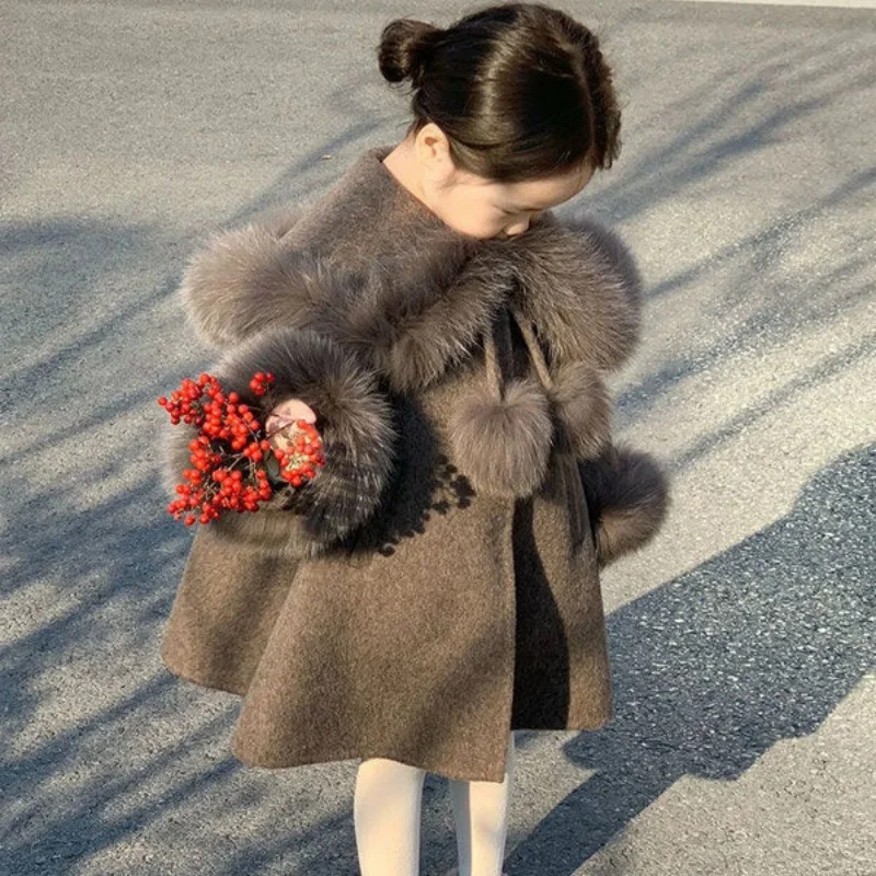 Kids jacket girls woolen coat overcoat jacket windbreak brown warm plus thicken autumn winter cotton teenagers children's clothing