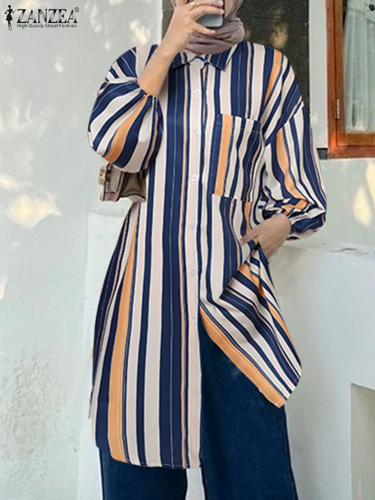 

ZANZEA Vintage Women Striped Shirt Autumn Fashion Lapel Neck Long Sleeve Muslim Tops Casual Buttons Down Blouse Ramadan Blusas