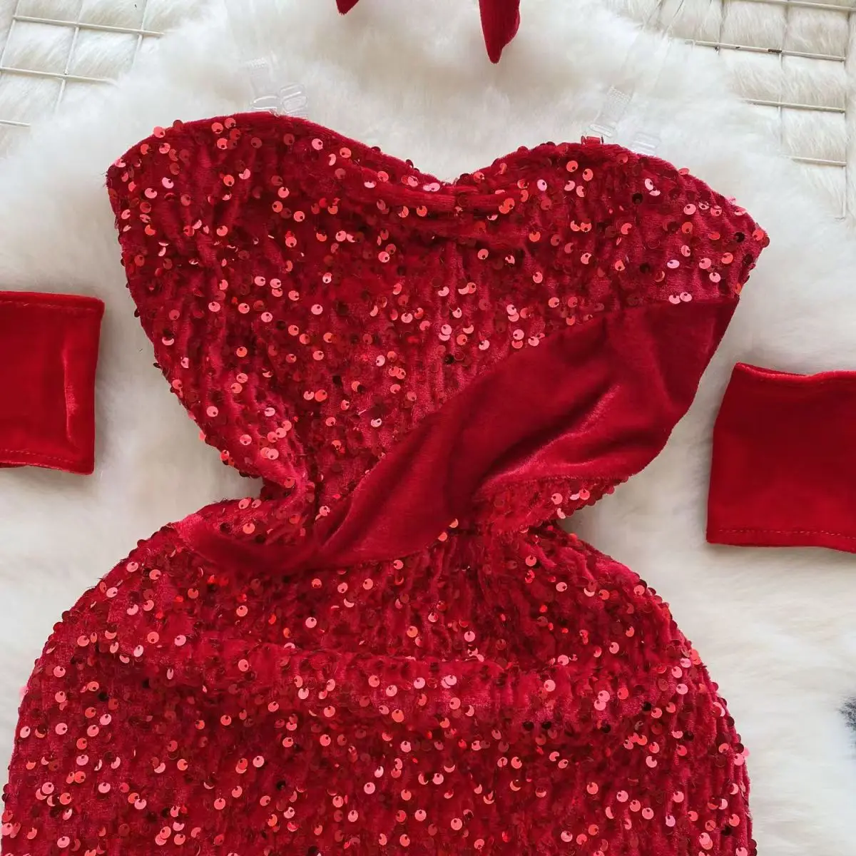 Secret Clothes Skinny Red Short Dress Sexy Sequin Bodycone Strapless Club Party Night Rrotic Bunny Cosplay Mini Dress Casual New