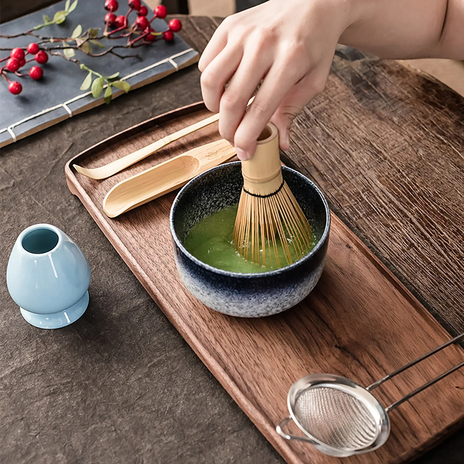6Pcs/set Tea Whisk Brush Set Bamboo Matcha Whisk Scoop and Holder Matcha Bowl with Strainer Japanese Ceremony Accessory