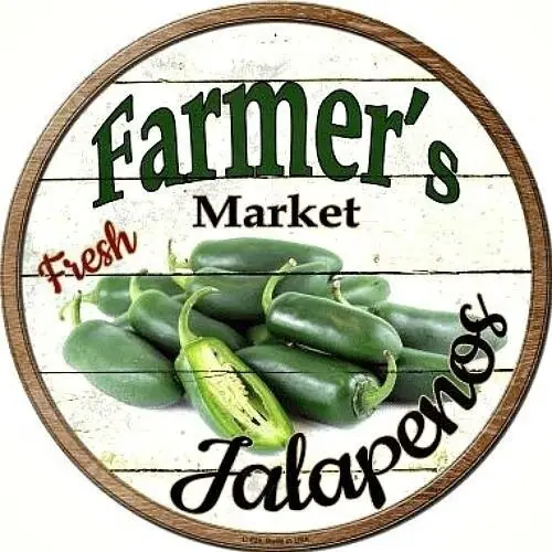 

Farmers Market Fresh Jalapenos 12" Round Metal Sign Rustic Retro Kitchen Decor