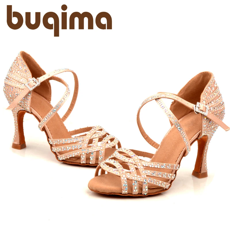 Women Latin Dance Shoes Rhinestones Soft Bottom Salsa Shoes For Dancing Ladies Sandals Women's Wedding Hight Heels 7.5CM