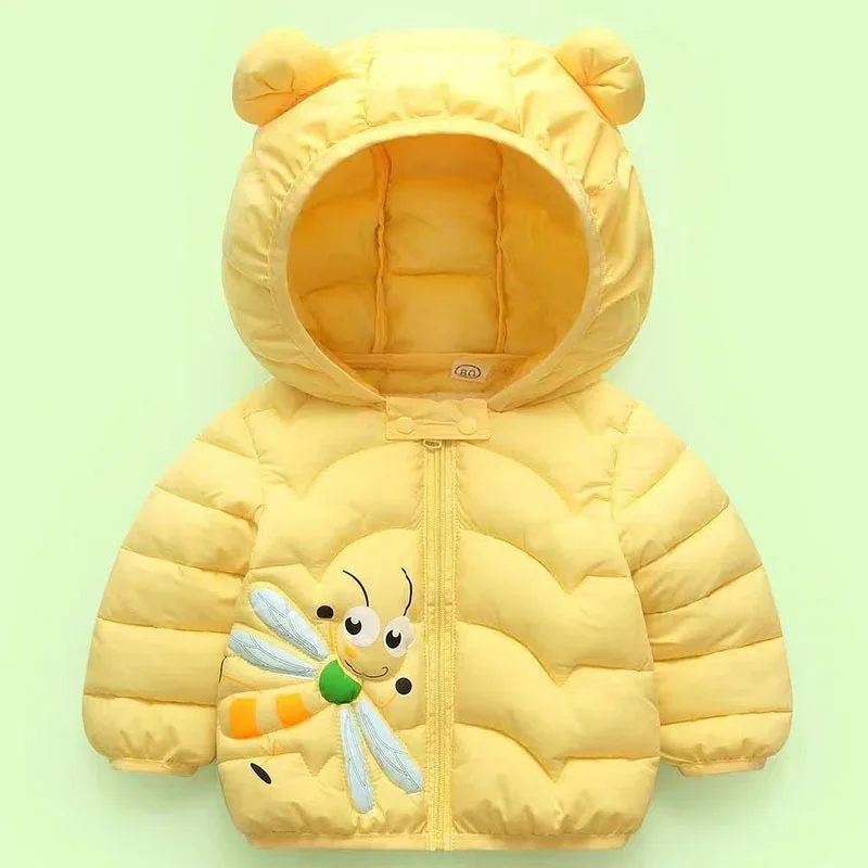 Baby Cartoon Print Down Jackets For Girls Boys Autumn Winter Warm Hooded Coats Children Clothes Infant Thin Outerwear 1-5 Years