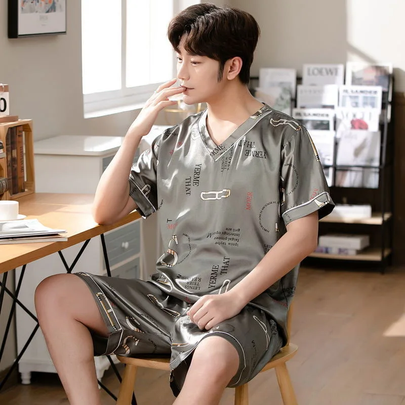 Pajamas Men Ice Silk Short-Sleeved Student Homewear Two-Piece Set of Easy-to-Clean Short-Sleeved Shorts Nightwear Loungewear pajamas set silk pajamas man pajamas set