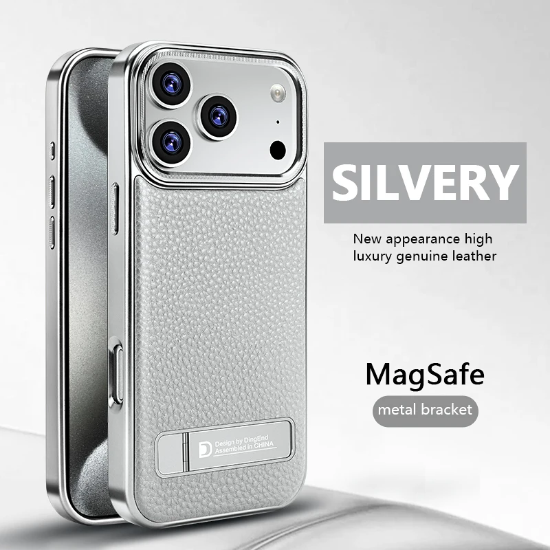 Luxurious Genuine Leather Electroplated Phone Case with Metal Bracket Kickstand and Magsafe Compatibility