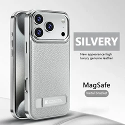 Luxurious Genuine Leather Electroplated Phone Case with Metal Bracket Kickstand and Magsafe Compatibility - iPhone 15 Plus (GRAY)
