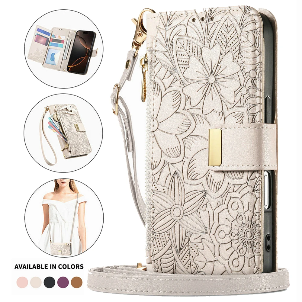 Luxury Leather Zipper Wallet Case - 6 Card Slots