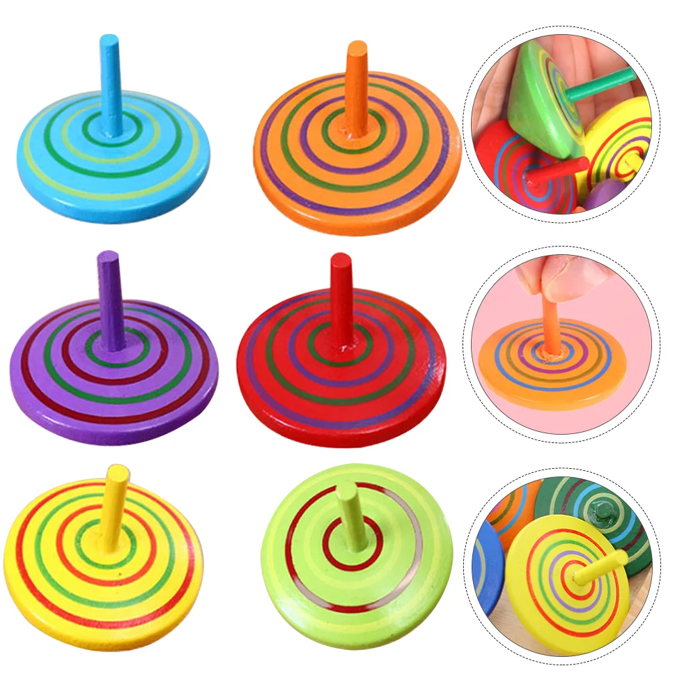 6 Pcs Wooden Spinning Top Kids Tops Rotative Colorful Peg-Tops Game