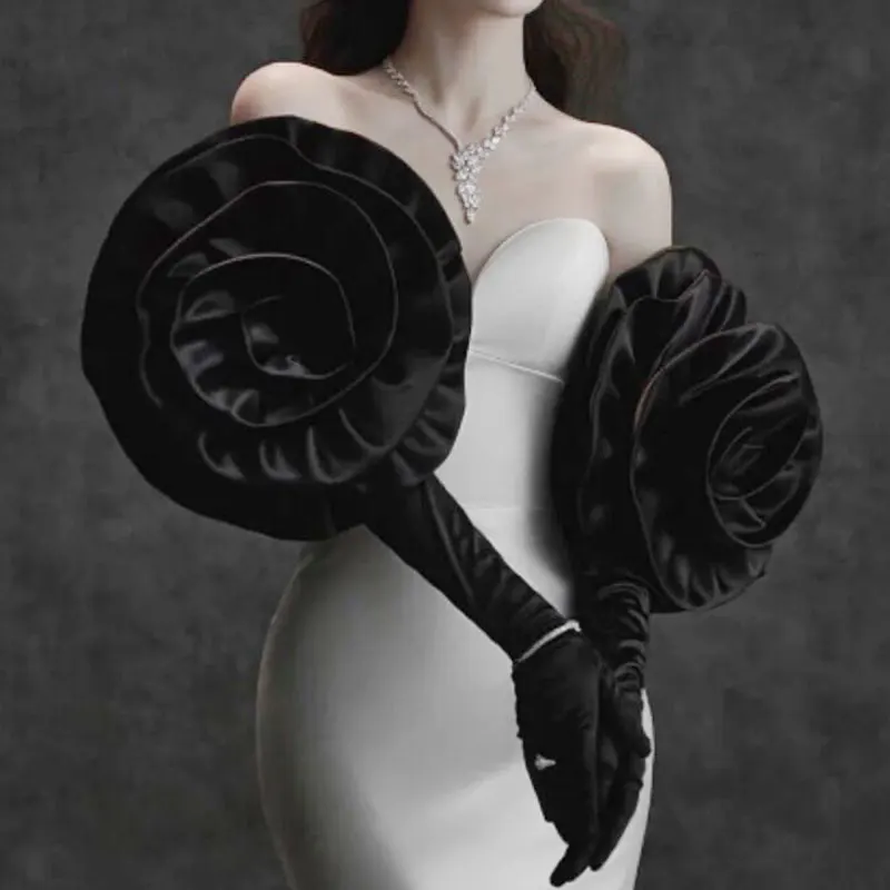 黒のサテンの長袖手袋花の装飾手作り結婚式のドレス写真のパフォーマンス最大サイズ