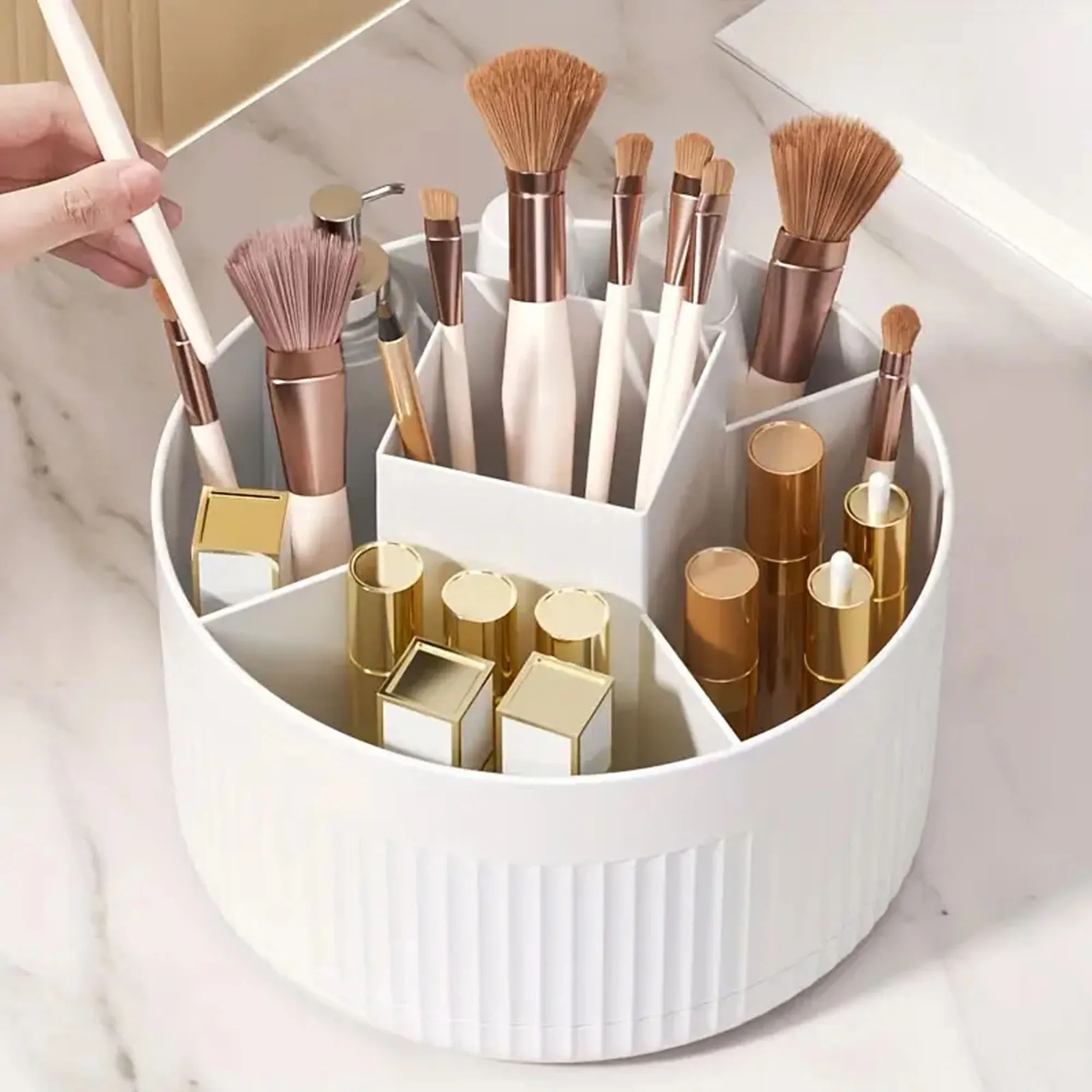1 Piece 360 ° Rotating Cosmetics Storage Box 5-Grids Stripesd Partition Desktop Stationery Makeup Brush Eyebrow Pencil Lipstick Multi-Functional Storage Pen Holder Storage Box 4