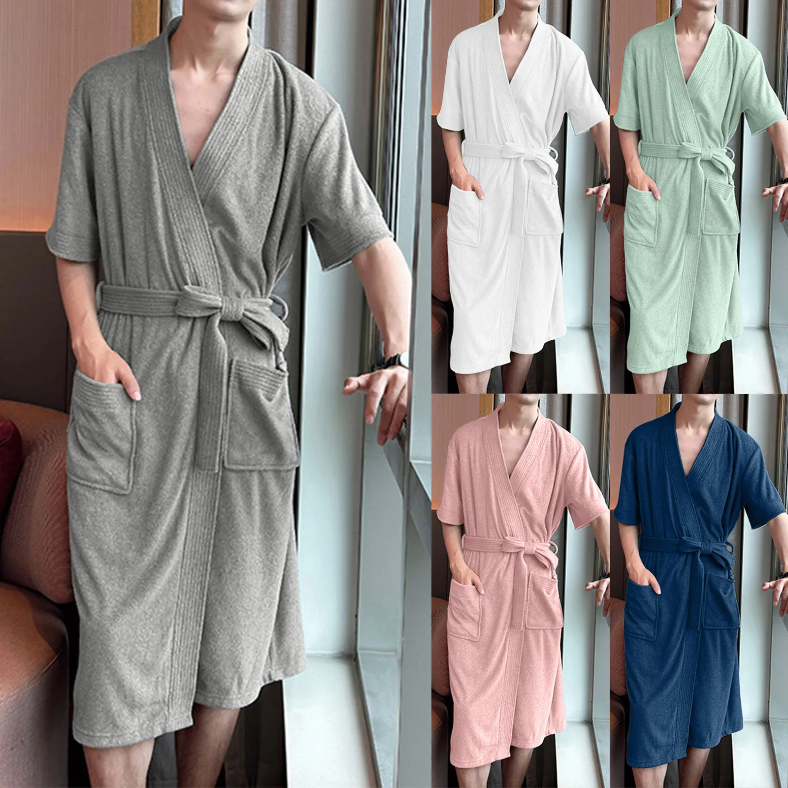 

Mens Home Clothing Bathrobe Towel Material Thin Short Sleeved Pajama Absorbent And Quick Drying Bathrobe Pajama Set for Men