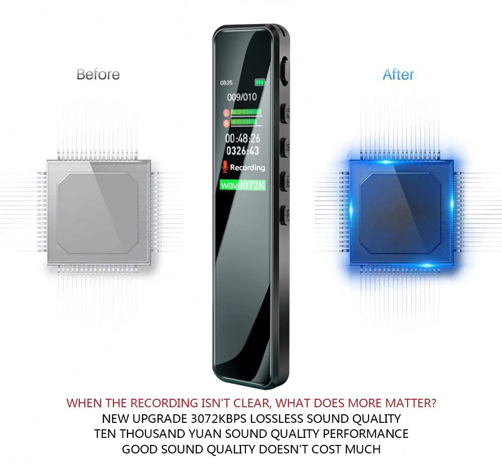 Digital Voice Activated Recorder Long Distance Audio Recording MP3 Player Noise Reduction WAV Record 3072KBPS