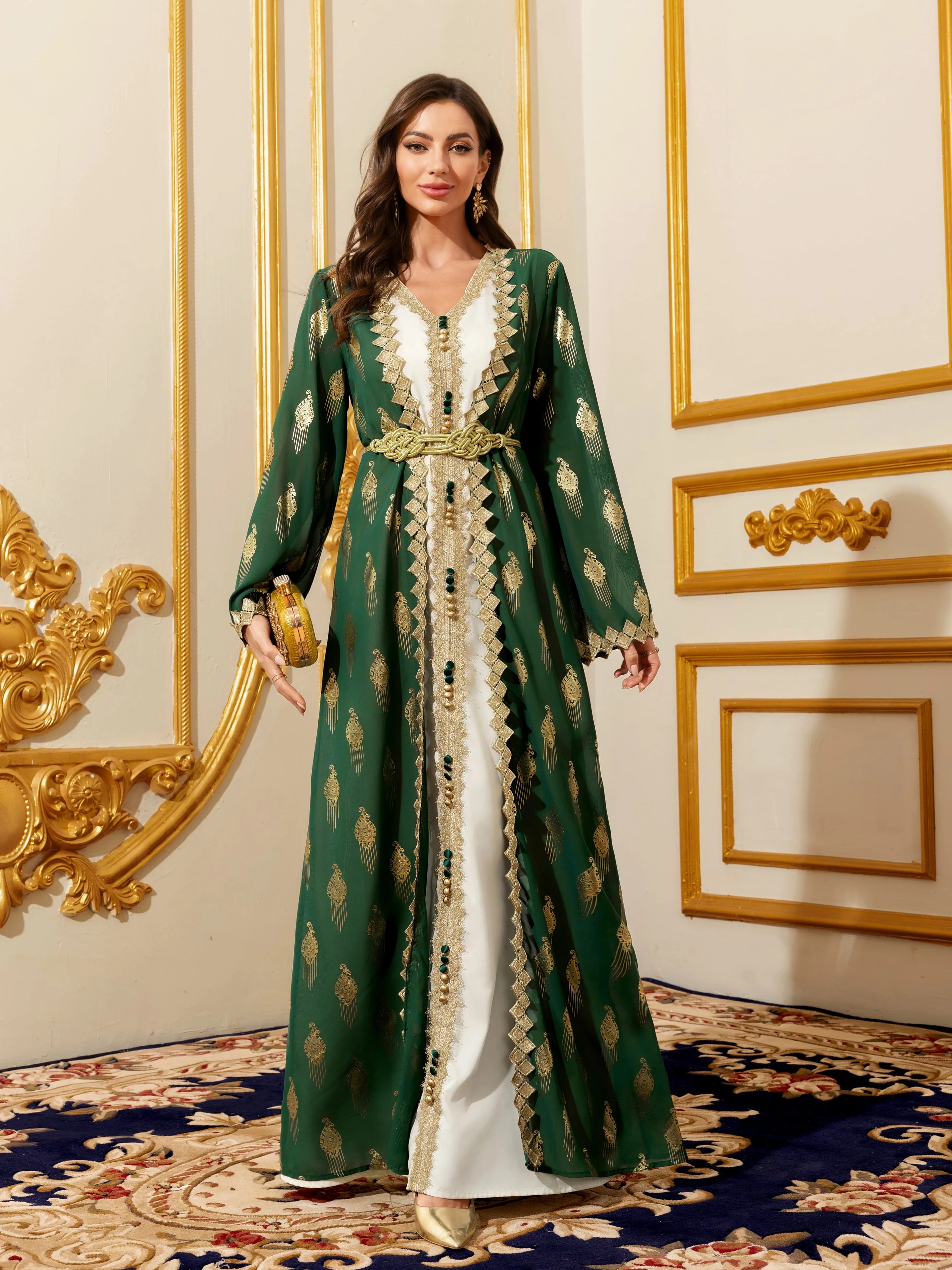 A modest maxi dress in the Middle East - Moroccan Islamic abaya caftan for women, holiday dress with gold lace, traditional Islami...