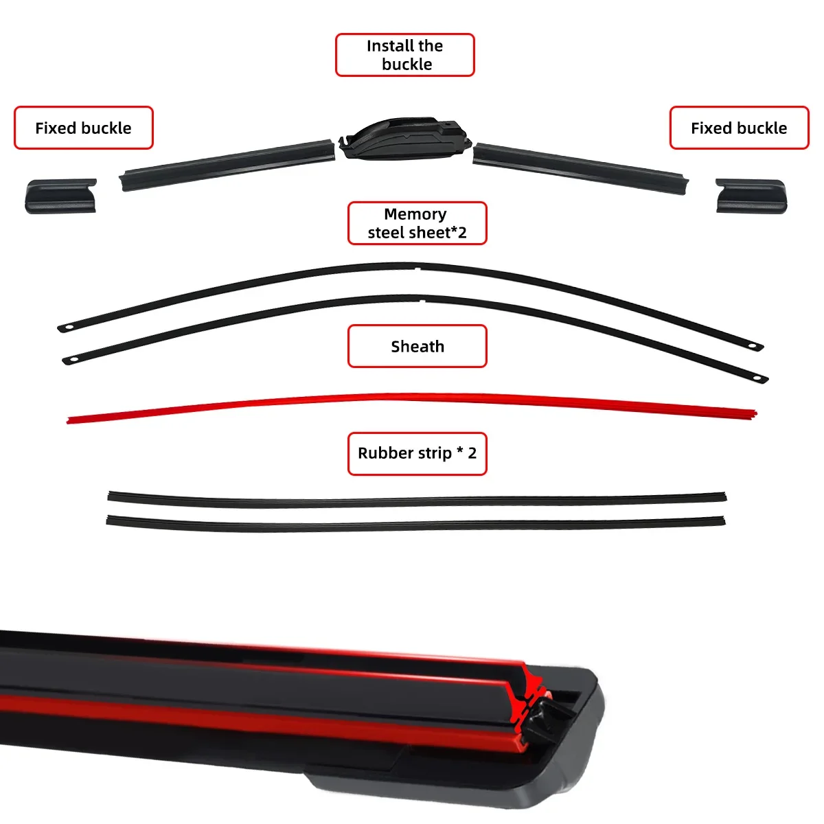 1PC Universal double rubber strip J/U-shaped wiper blade, front wiper glass cleaner wiping blade - Image 6